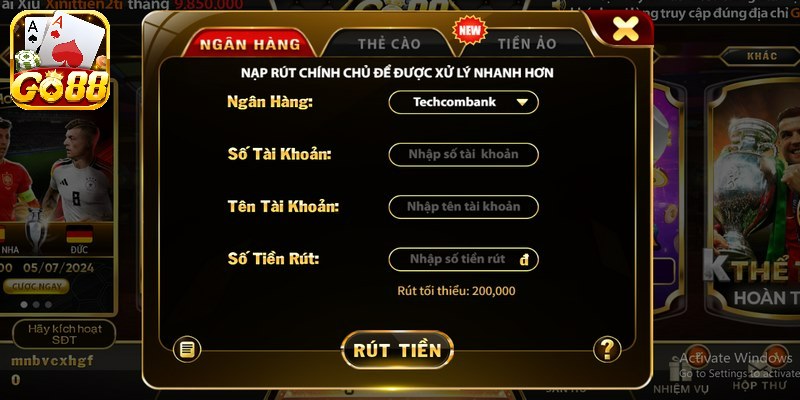 Bet thủ cung cấp thông tin vào biểu mẫu rồi xác nhận hoàn tất giao dịch